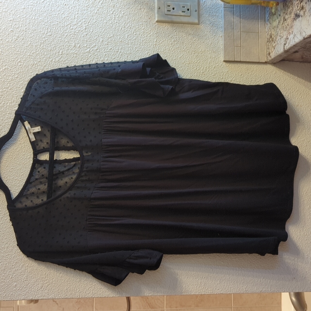 Black flouncy top with polka dot sheer yoke XL